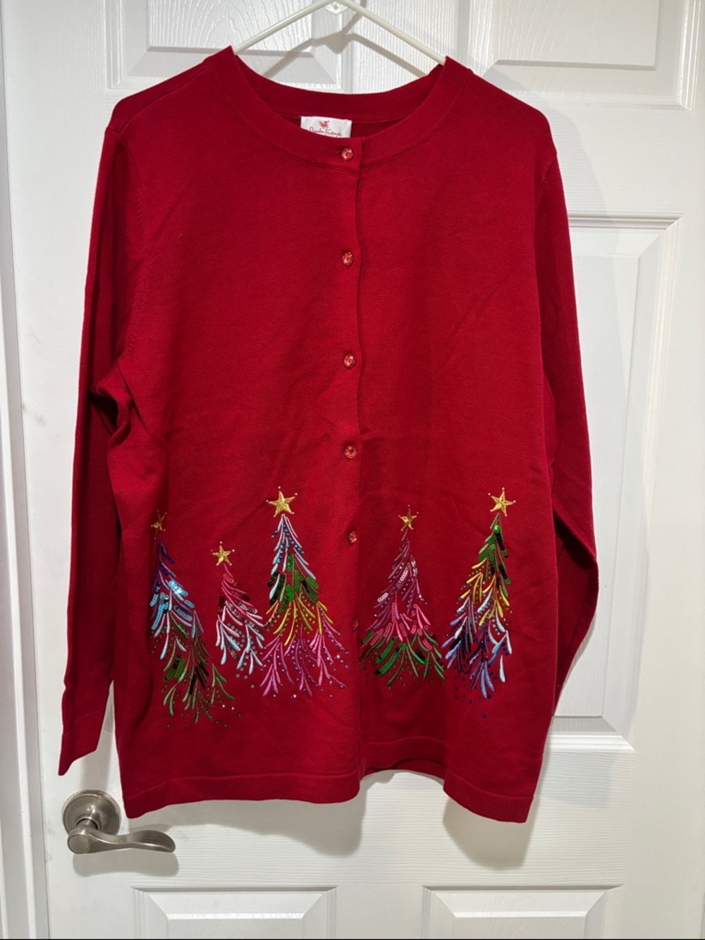 QUACKER FACTORY NWT Red Embellished Christmas Tree Knit Button Up Cardigan - Picture 2 of 13